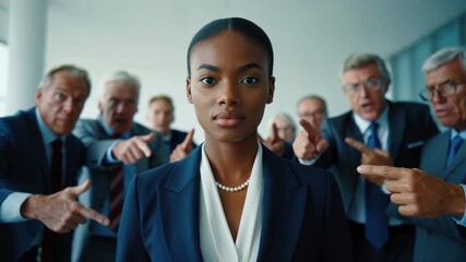 Confident businesswoman facing critics, business conflict concept, leadership under pressure, overcoming workplace challenges, resilience in corporate settings, confronting adversity