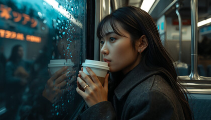 女性が雨の朝の車窓に寄りコーヒーを持つ日本の通勤列車の情景