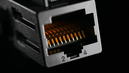 RJ45内部ピン配列だけを極端マクロで切り取ったネットワーク特化ヘッダービジュアル、人物なし