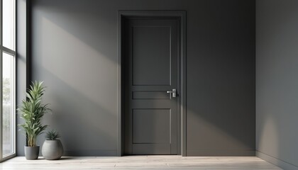 Fototapeta premium Black door in minimalist room interior with plant near a window. Dark modern door design in grey wall room with wooden floor. Apartment room indoors. Home space style with indoor plants near facade.