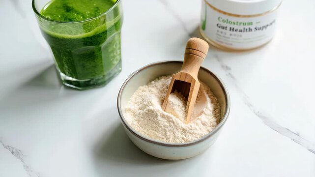 High-quality powdered colostrum supplement in ceramic bowl with wooden scoop, green smoothie, and labeled gut health support container on marble surface, promoting natural immune digestive wellness