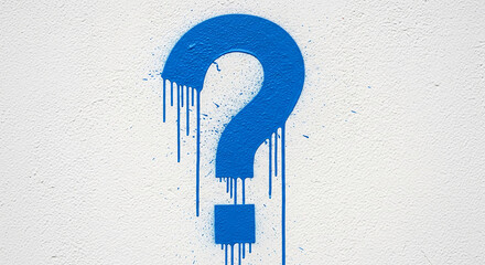 Image of blue question mark with dripping paint on textured white wall, representing uncertainty, inquiry and problem-solving, free space for text