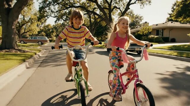 Two happy young children riding bicycles down a sunny suburban street on a warm summer day