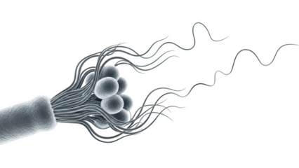 Close up of a bacterium with flagella and cocci cluster in microscopic view isolated on a transparent background