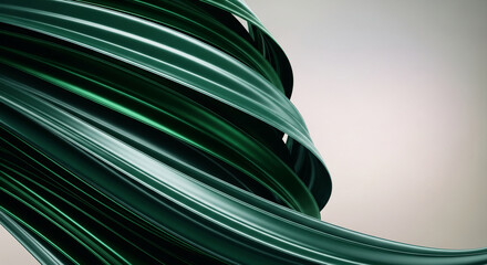 Abstract image of entwined, glossy, emerald green stripes against a pale background, creating movement and fluidity, suitable for modern design projects