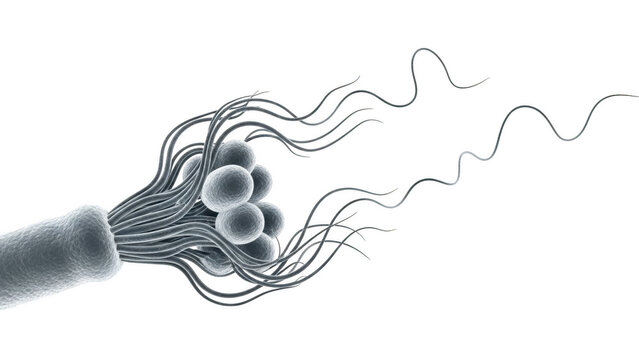 Close up of a bacterium with flagella and cocci cluster in microscopic view isolated on a transparent background
