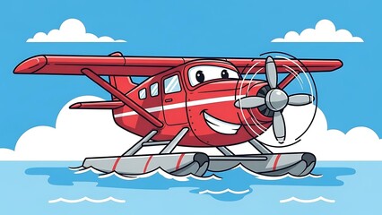 Cartoon seaplane flying over water surface.