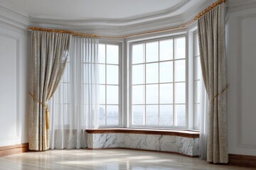 Fototapeta premium Elegant bay window with ornate curtains and marble seat offers city views.