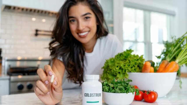 Nutritional supplements and fresh vegetables in a modern kitchen setting promoting healthy lifestyle choices and wellness routines, focus on colostrum product enhancing diet and nutrition awareness