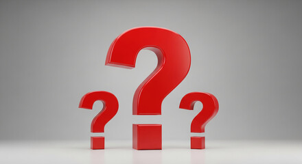 Three glossy red question marks on a gray background, showing curiosity, inquiry, or a puzzle, suitable for educational or problem-solving concepts