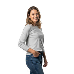Obraz premium A young woman standing with one hand in her pocket and smiling directly at the camera in a relaxed casual pose