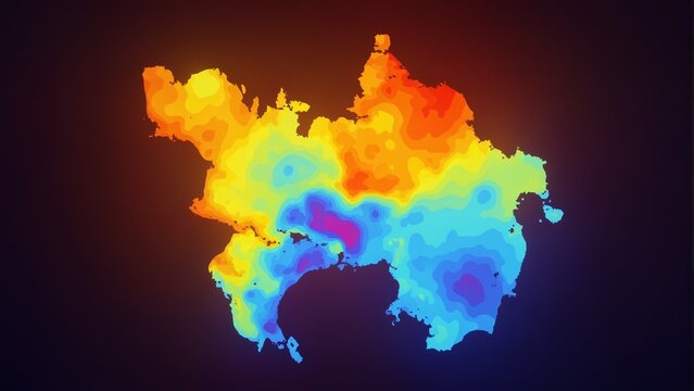 Colorful heatmap of temperature distribution over abstract continent shape