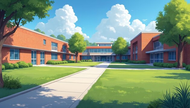 Illustration presents exterior of school building. The view shows a brick campus with windows and greenery. It depicts a modern educational facility. A sunny day, lawn and trees.