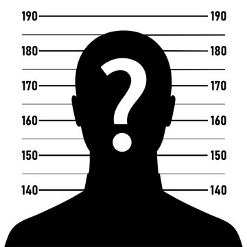 Unknown person silhouette with height scale and question mark, criminal identification and suspect