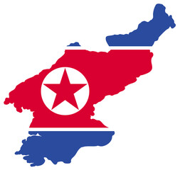North Korea map silhouette with red star flag — DPRK territory outline, isolated state political geography symbol © OS
