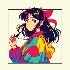 Vibrant 90s Anime Girl in Retro Color Block Jacket
