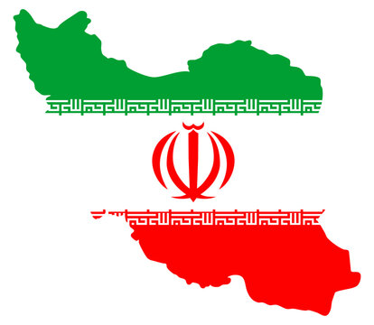 Iran map silhouette with national emblem and flag &mdash; Middle East country outline, political territory