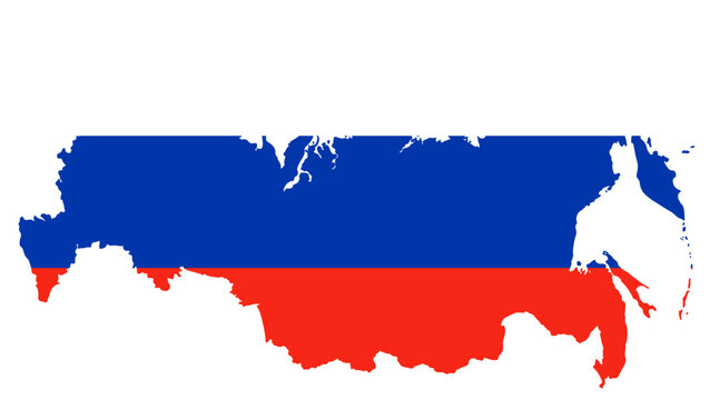 Russia map silhouette filled with Russian tricolor flag &mdash; national territory shape, country border outline, political geography symbol