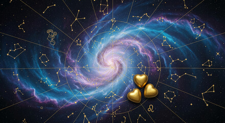 Vibrant space nebula with constellation overlay and golden hearts. Image shows love and connection in universe, ideal for Valentine's Day and astrology