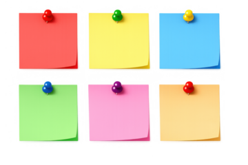 Blank colorful sticky notes with push pins on transparent background, symbolizing organization, reminder, and communication