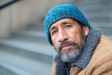 native american homeless man in a coat and blue beanie