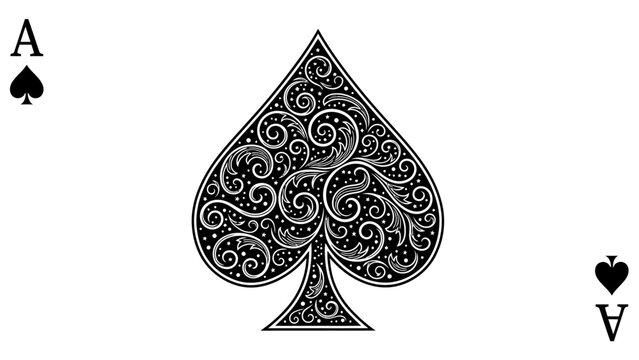 Elegant Ace of Spades Playing Card with Intricate Ornate Design, Black and White