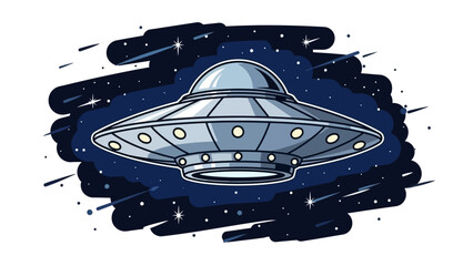 Retro Sci-Fi UFO Flying Saucer in Starry Outer Space with Meteor Shower © Siti