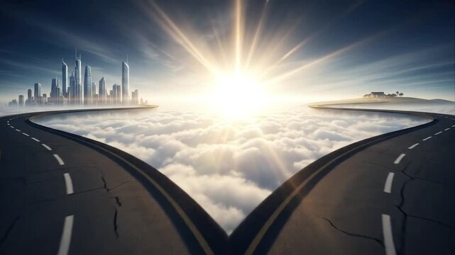 Road dividing two paths leading to city and countryside