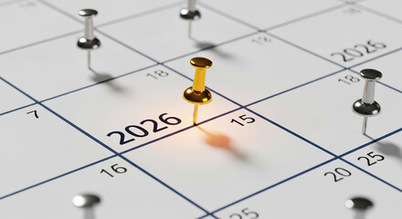 Calendar page close-up with a gold pin on date 2026; silver pins mark other dates, concept of scheduling, appointment, and reminding a specific event
