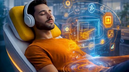 Man wearing headphones immersed in virtual interface while relaxing in modern chair, digital connectivity experience, smart lifestyle technology - Powered by Adobe