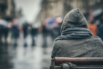 homeless man is sitting on the bench in front of the city center