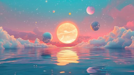 A surreal landscape featuring a large sun and celestial bodies above a reflective ocean