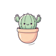 Naklejka premium Cute cartoon cactus with smiling face in a peach pot isolated on a transparent background plant illustration