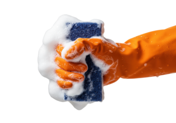 Strong human hand in a heavy-duty, vivid orange rubber glove clenching a dense indigo blue sponge covered in glossy white soap suds on a transparent void. Concept for powerful cleaning action