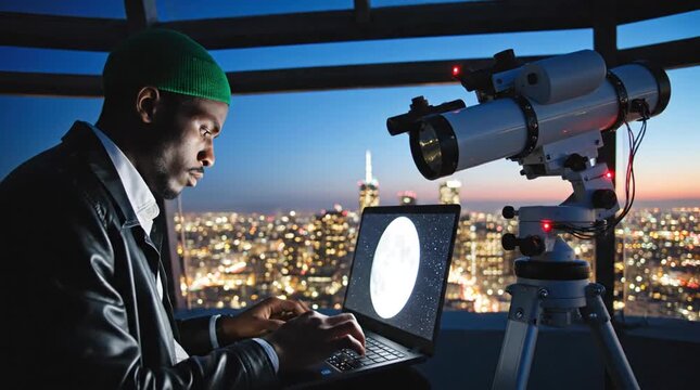 Urban Astronomer Observing Celestial Body with Telescope & Laptop on High-Rise Rooftop at Night