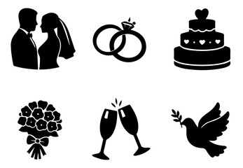 Wedding Silhouette Icons ,Bride and Groom, Rings, Cake, Bouquet, Champagne Glasses, Dove