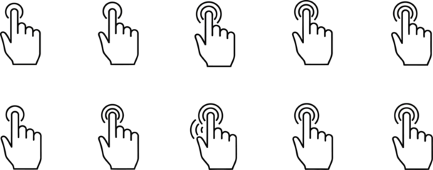 Vector illustration set of hand drawn hands featuring various finger gestures and web icons like a stop sign, clicking cursor, or thumb up symbol for touch communication and computer interface design