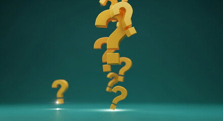 Several gold question marks on teal backdrop, suggesting uncertainty and curiosity, suitable for themes of knowledge, problem-solving, or investigation
