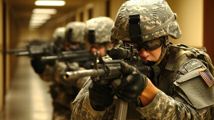 A tactical team of soldiers is seen conducting live fire exercises in a hallway to enhance their skills.