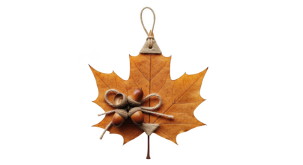 Dried orange maple leaf with acorns tied with twine isolated on a transparent background autumn brown