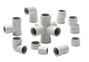 A collection of new white pvc plastic plumbing pipes and fittings meticulously arranged on a transparent background. Concept of engineering and construction