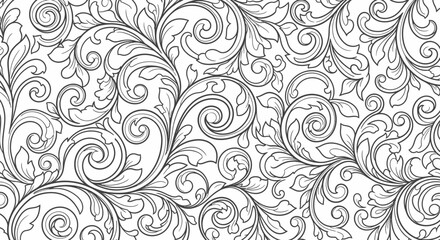 Intricate floral design featuring swirling vines and leaves on a white background, ideal for textiles