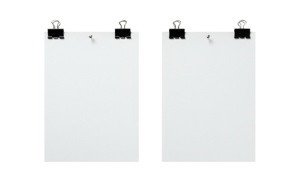 Blank paper sheets with binder clips isolated on white background
