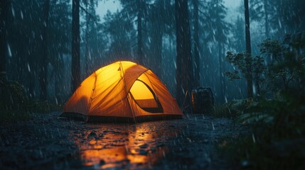 A tent glowing in a rain-soaked forest, creating a cozy atmosphere amidst nature.