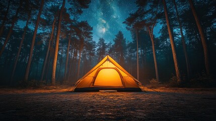 A tent under a starry sky in a forest, capturing the essence of stargazing and camping