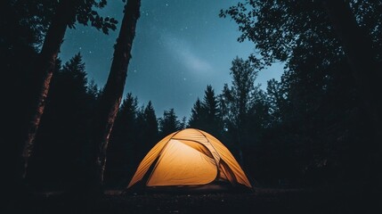 A tent under a starry sky in a forest, capturing the essence of stargazing and camping.