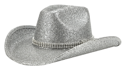 Silver glitter cowboy hat with rhinestone trim isolated on white background
