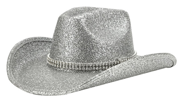 Silver glitter cowboy hat with rhinestone trim isolated on white background
