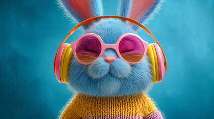 Fototapeta premium Cute blue bunny wearing pink sunglasses and colorful headphones on a vibrant background.