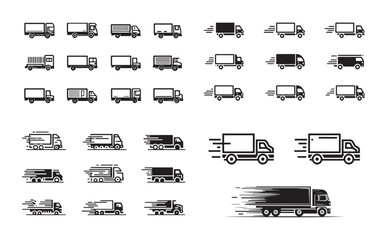 Collection of various truck icons in different styles and motion